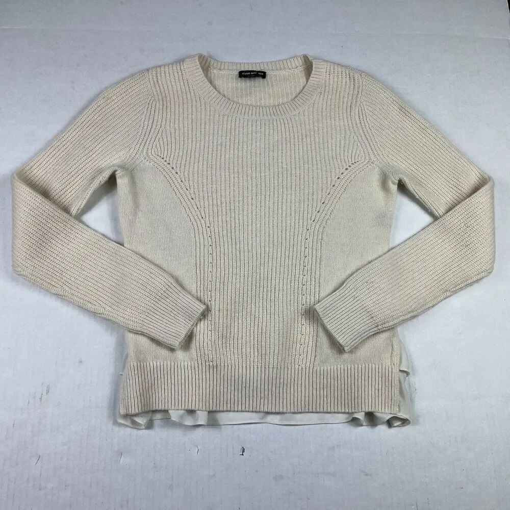 Club Monaco Cream Knit Pullover Sweater Small Sheer Ruffle Hem Rabbit Hair Blend